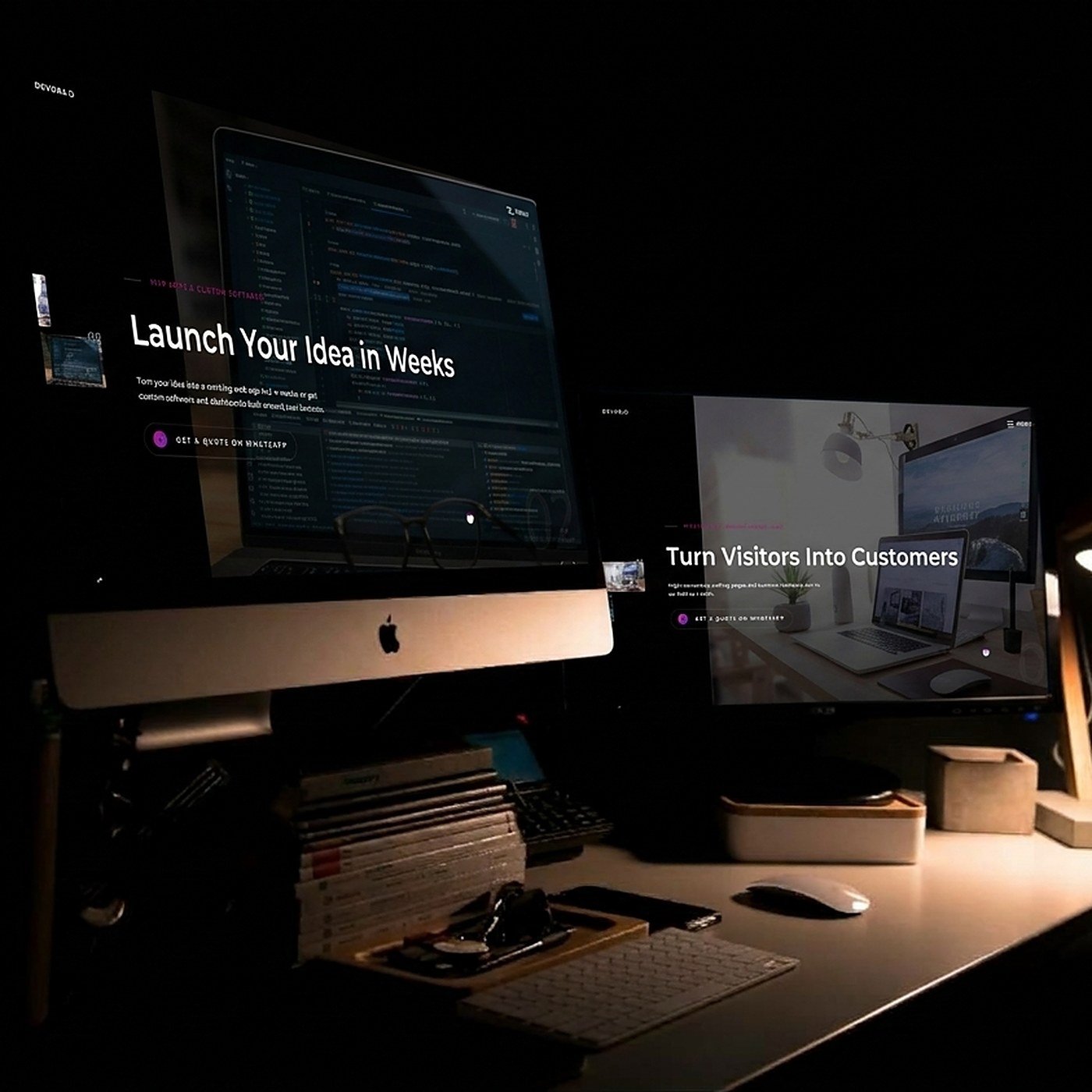 DEVORA developer workspace with code on a monitor