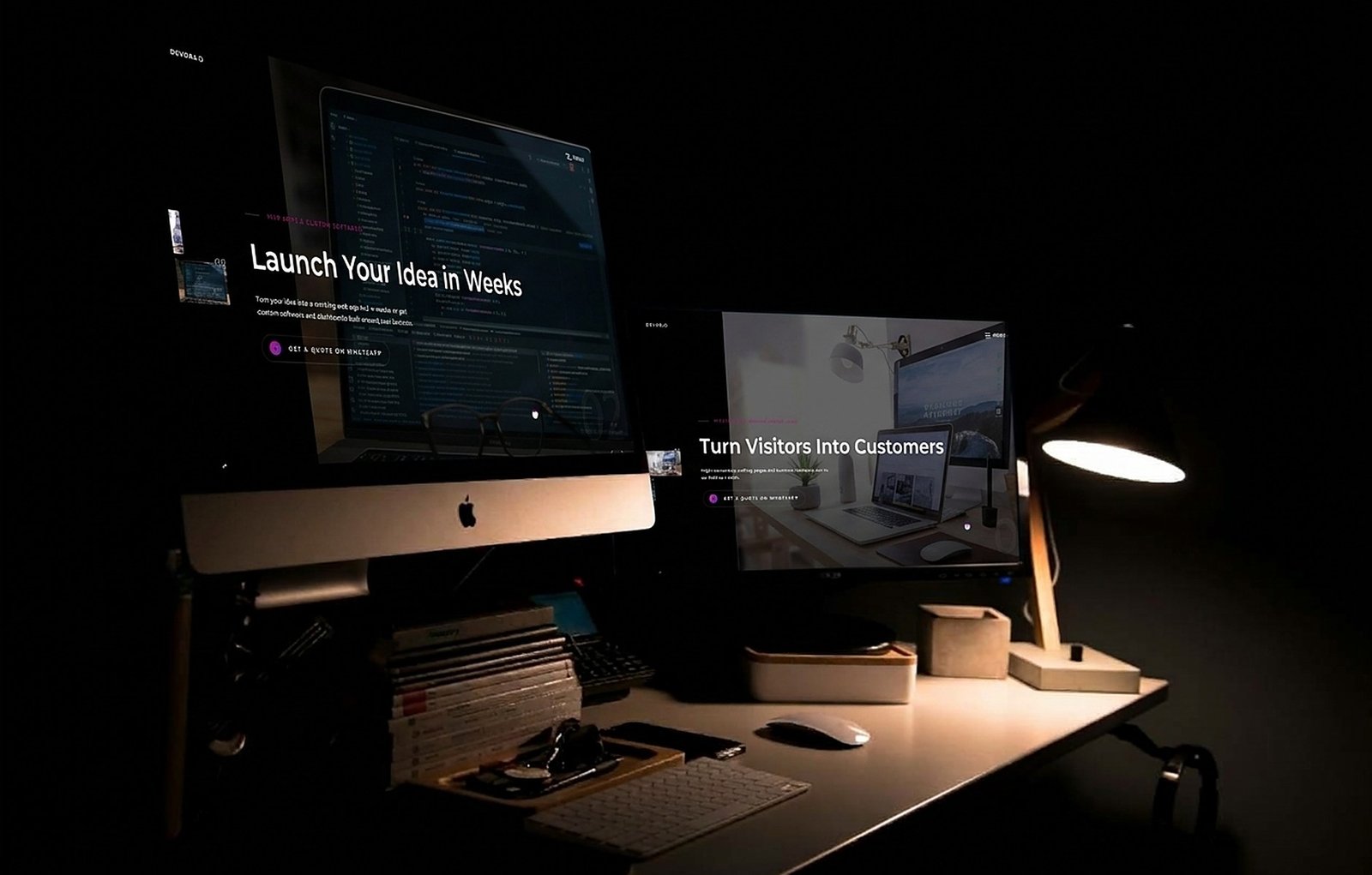 DEVORA developer workspace with code on a monitor