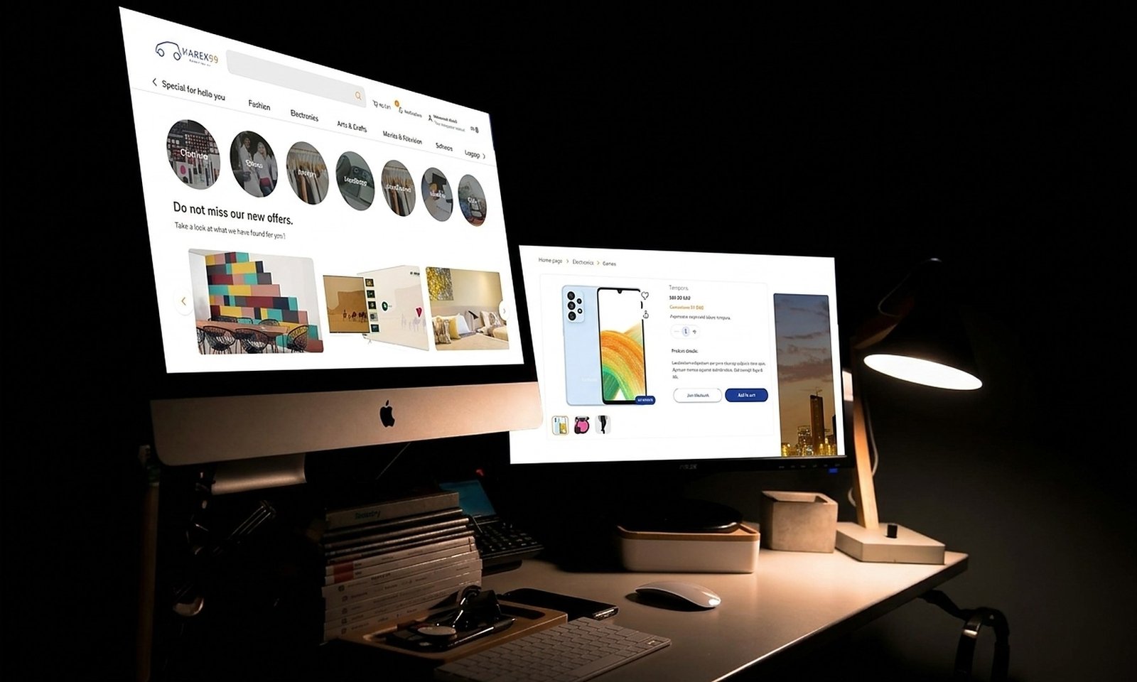 Harek99 multi-vendor e-commerce storefront and product page on desktop monitors