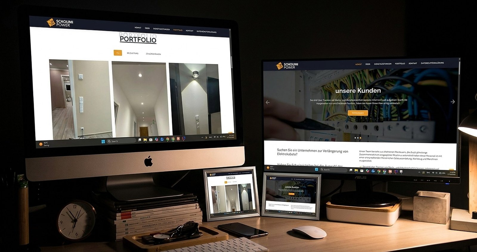 Local electrician service website portfolio and homepage on desktop monitors